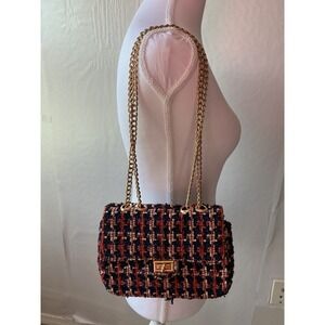 Tweed Chain Shoulder Bag Red Navy Gold Hardware Turn Lock OS